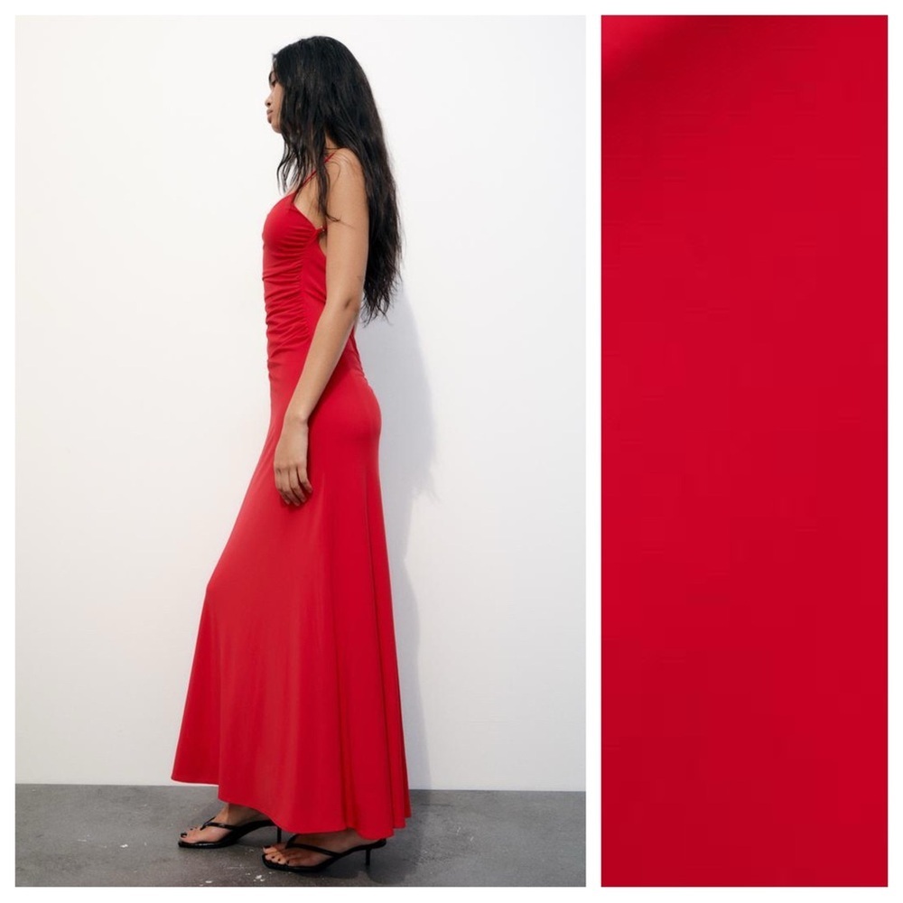 NWT. Zara Intense Red Draped Lingerie-Style Midi Dress. Size S. - Picture 3 of 14